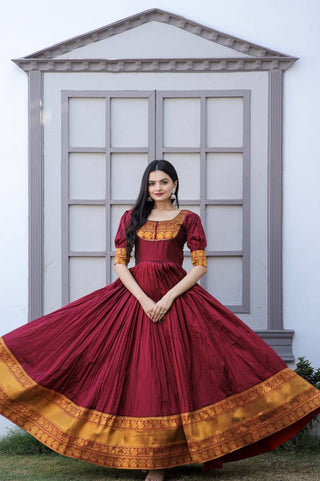 Mother-Daughter Maroon Color Beautiful Work Gown