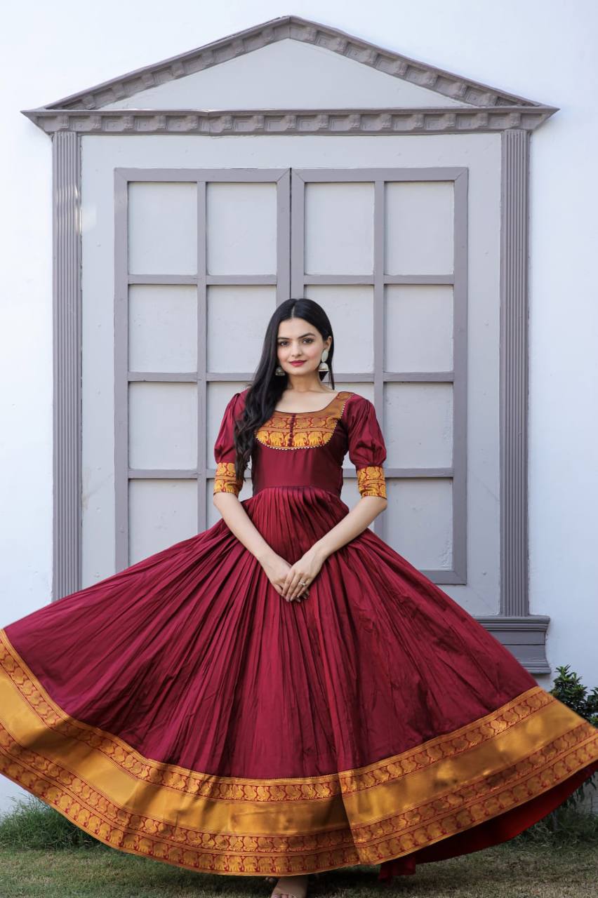 Fancy Round Neck Maroon Color Long Gown