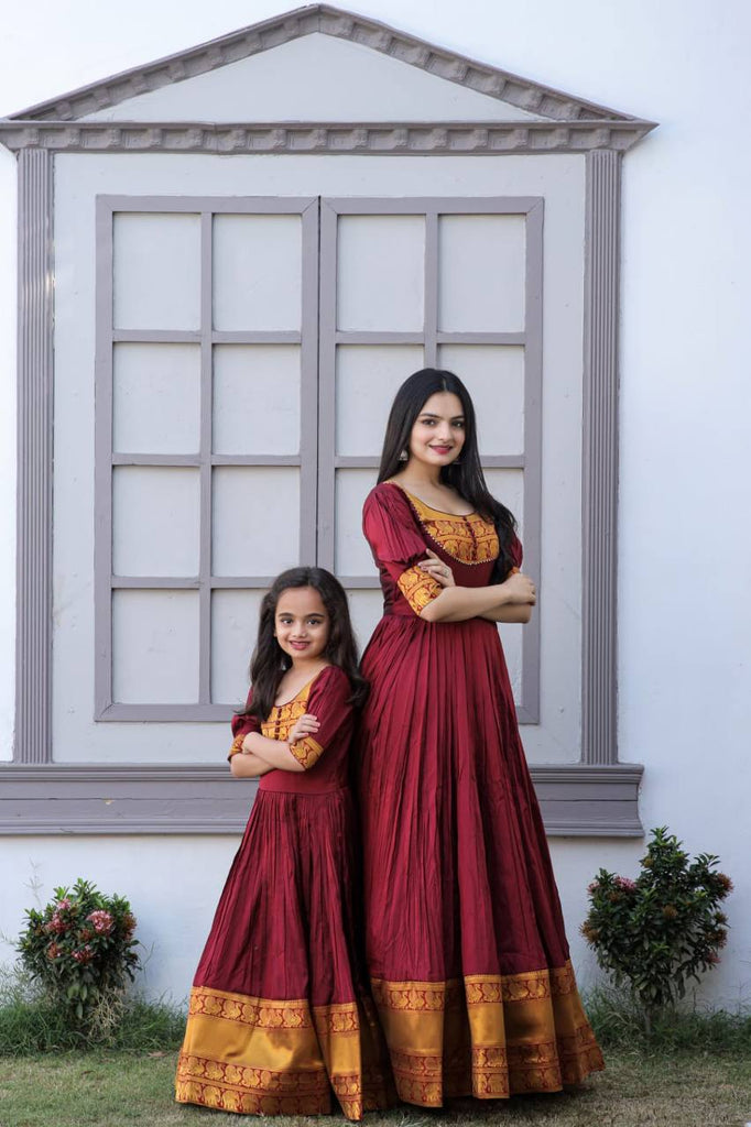 Mother-Daughter Maroon Color Beautiful Work Gown