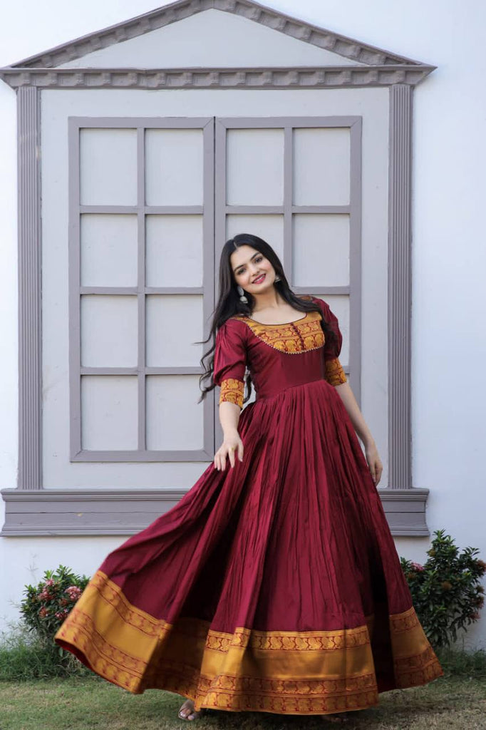 Fancy Round Neck Maroon Color Long Gown