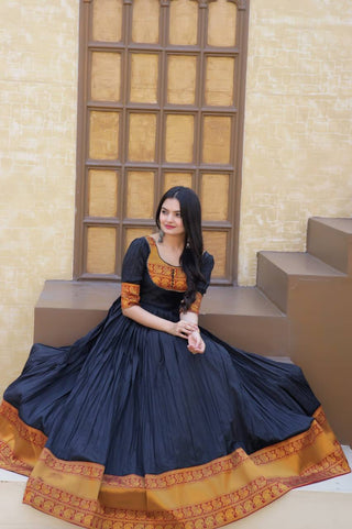 Fancy Round Neck Black Color Long Gown