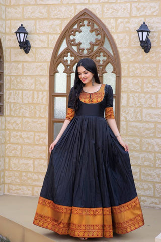 Fancy Round Neck Black Color Long Gown