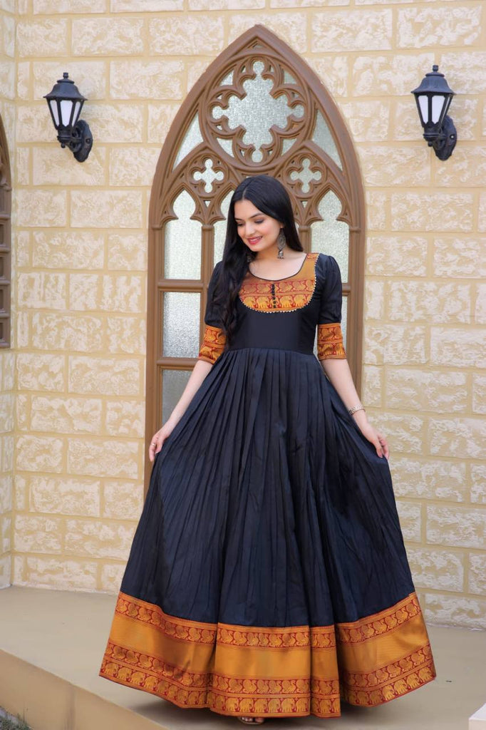 Fancy Round Neck Black Color Long Gown