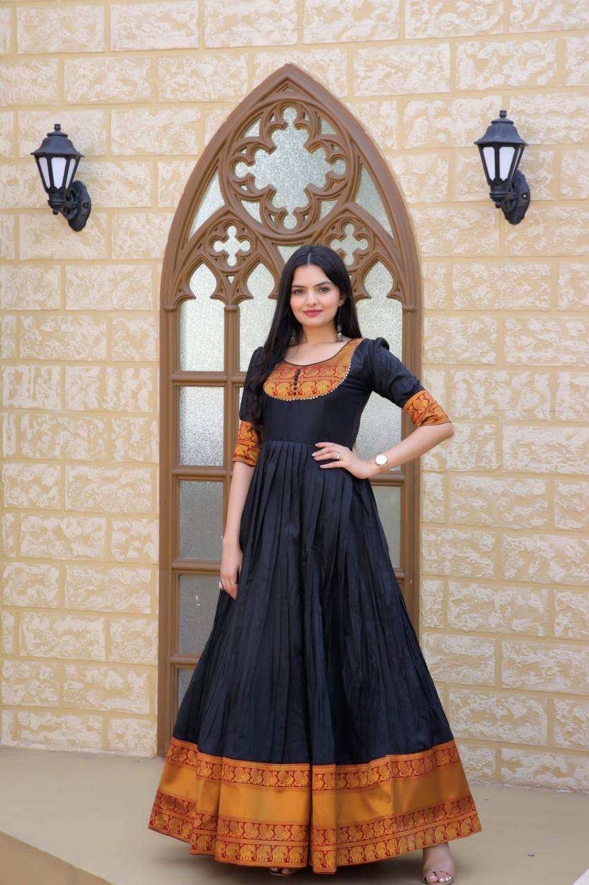 Fancy Round Neck Black Color Long Gown
