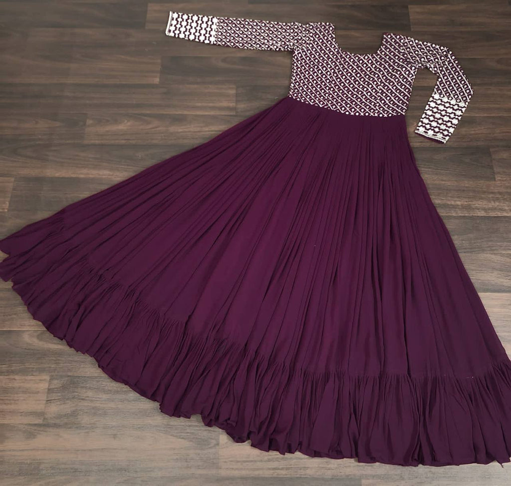 Party Wear Multi Sequins Work Wine Color Gown