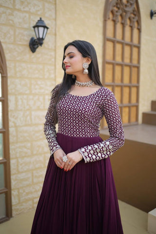 Party Wear Multi Sequins Work Wine Color Gown