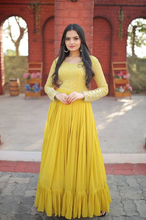 Fantastic Multi Sequins Work Yellow Color Gown Main image