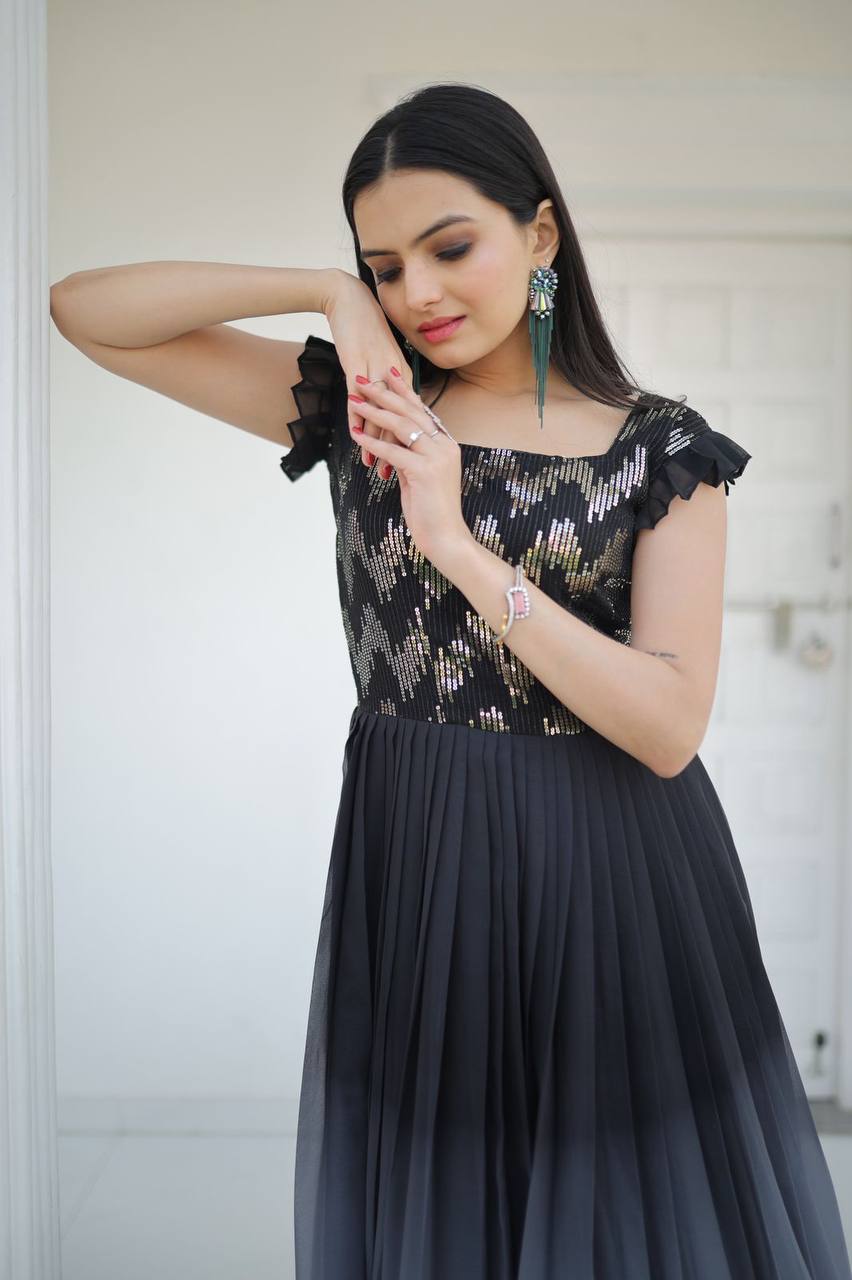 Digital Print Black Color Sequence Work Gown