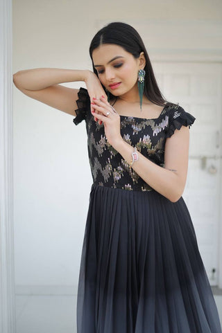 Digital Print Black Color Sequence Work Gown