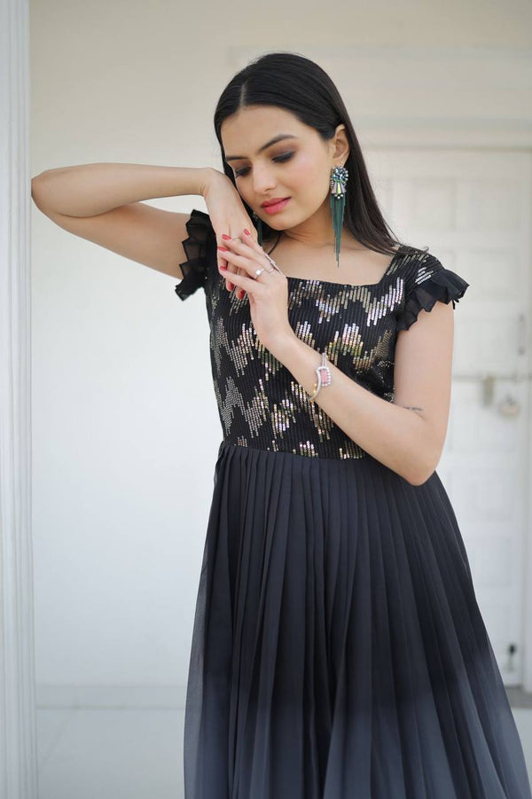 Digital Print Black Color Sequence Work Gown