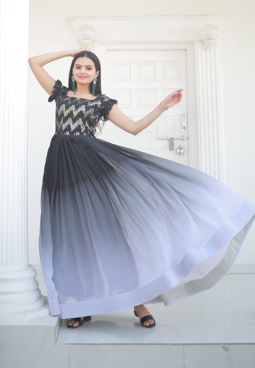 Digital Print Black Color Sequence Work Gown