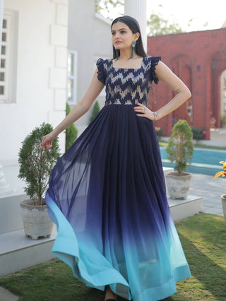 Digital Print Blue Color Sequence Work Gown