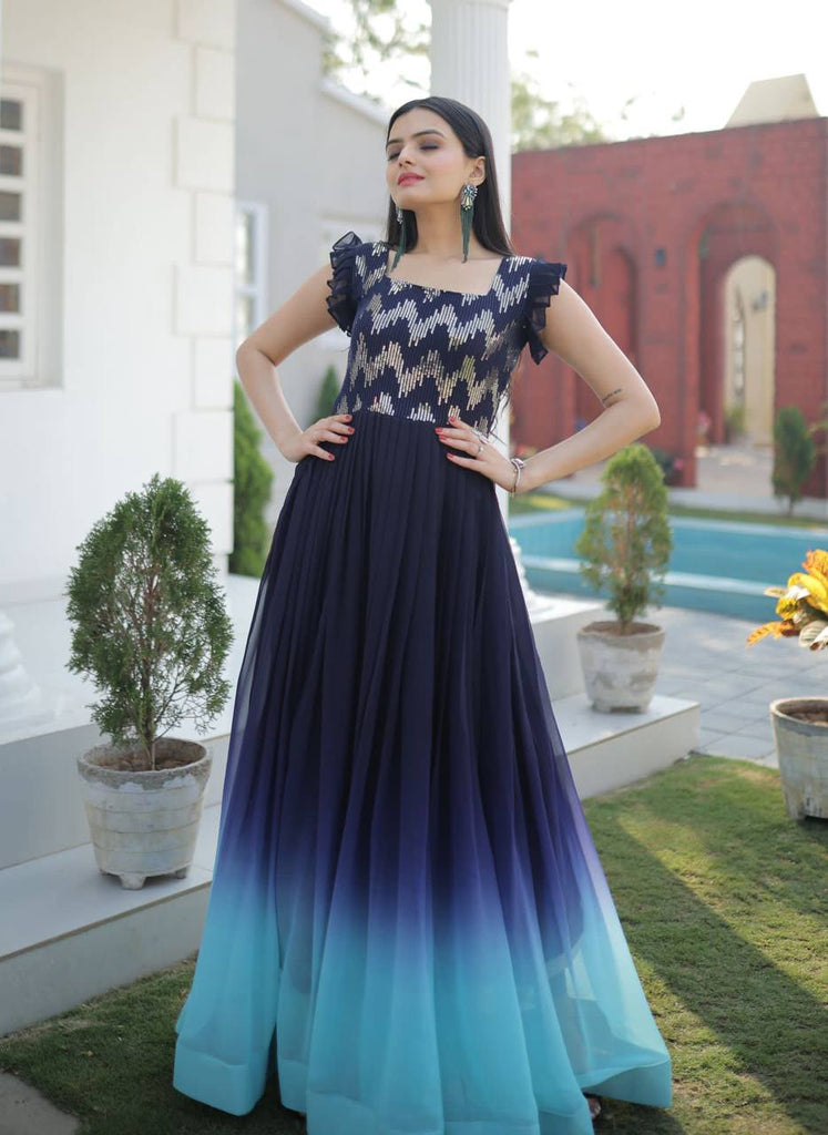 Digital Print Blue Color Sequence Work Gown