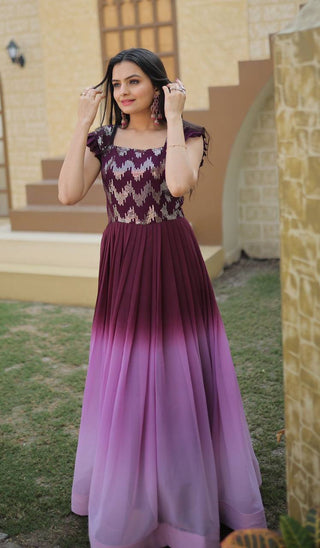 Digital Print Wine Color Sequence Work Gown