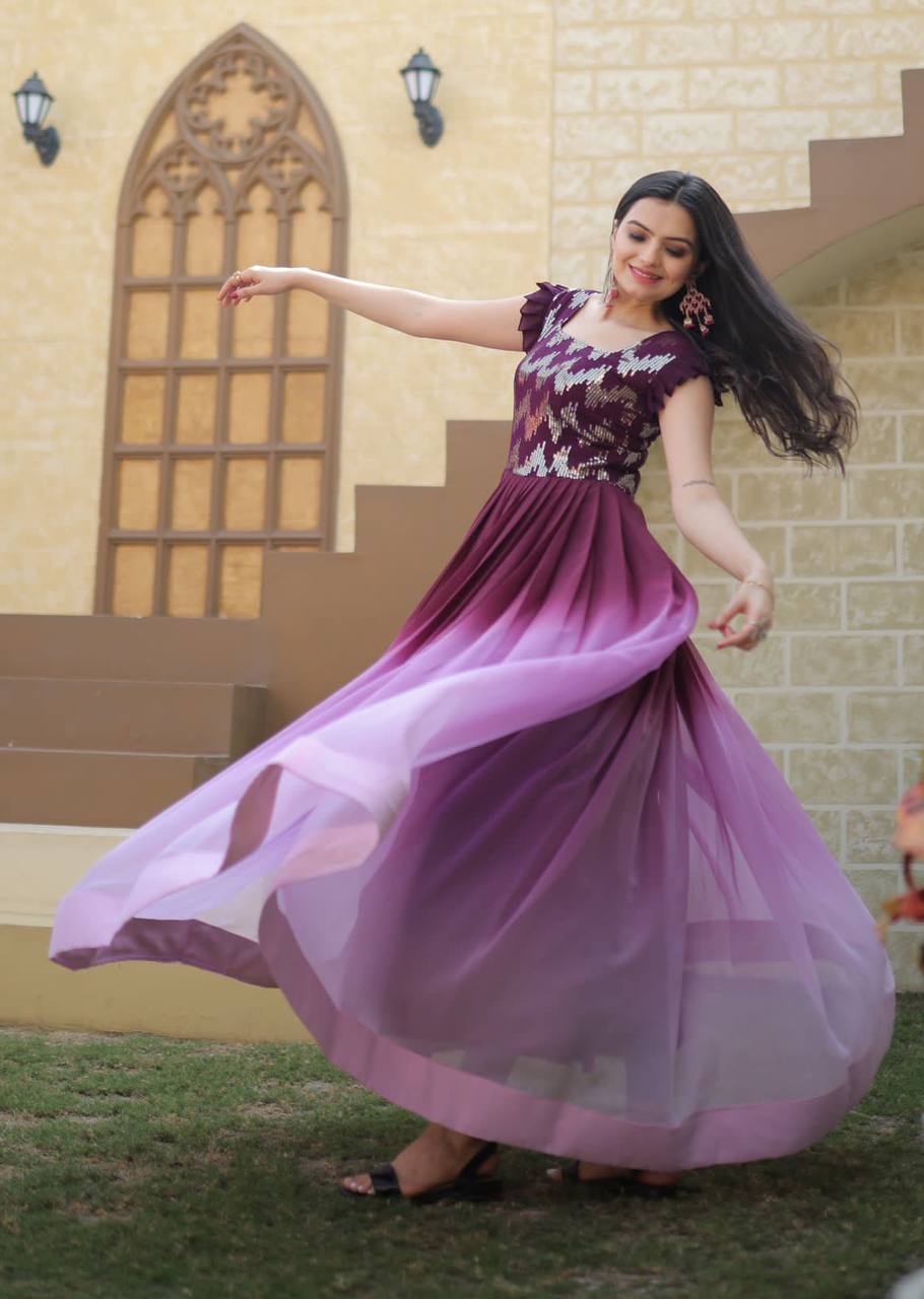 Digital Print Wine Color Sequence Work Gown