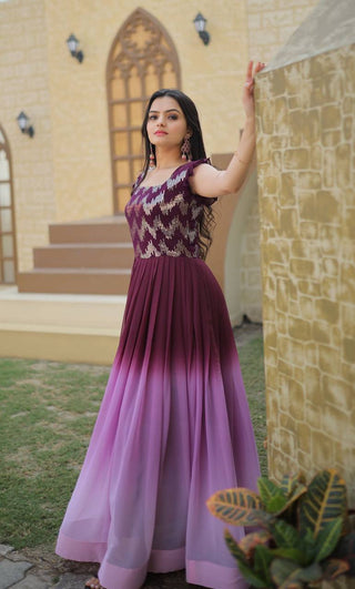 Digital Print Wine Color Sequence Work Gown