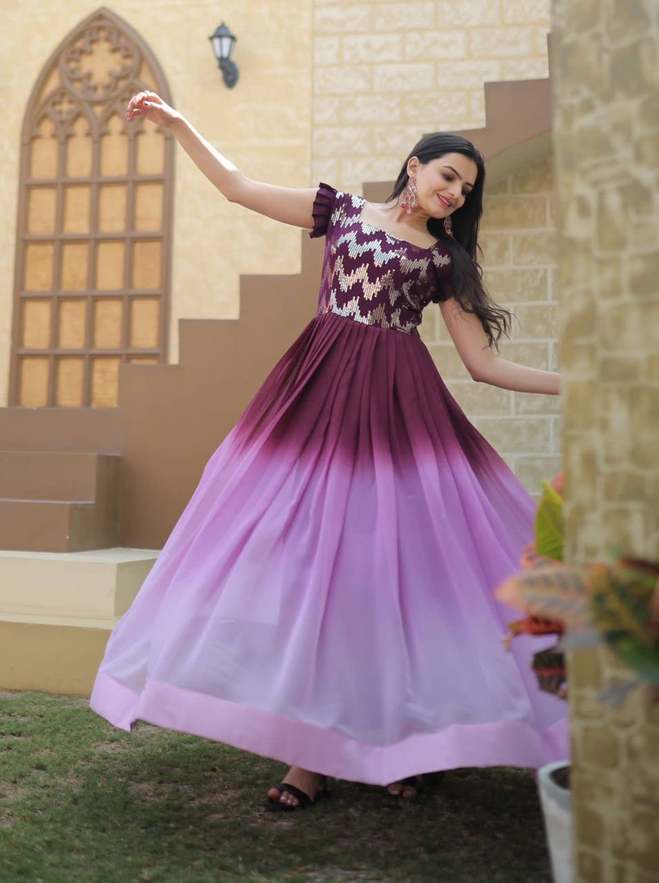 Digital Print Wine Color Sequence Work Gown