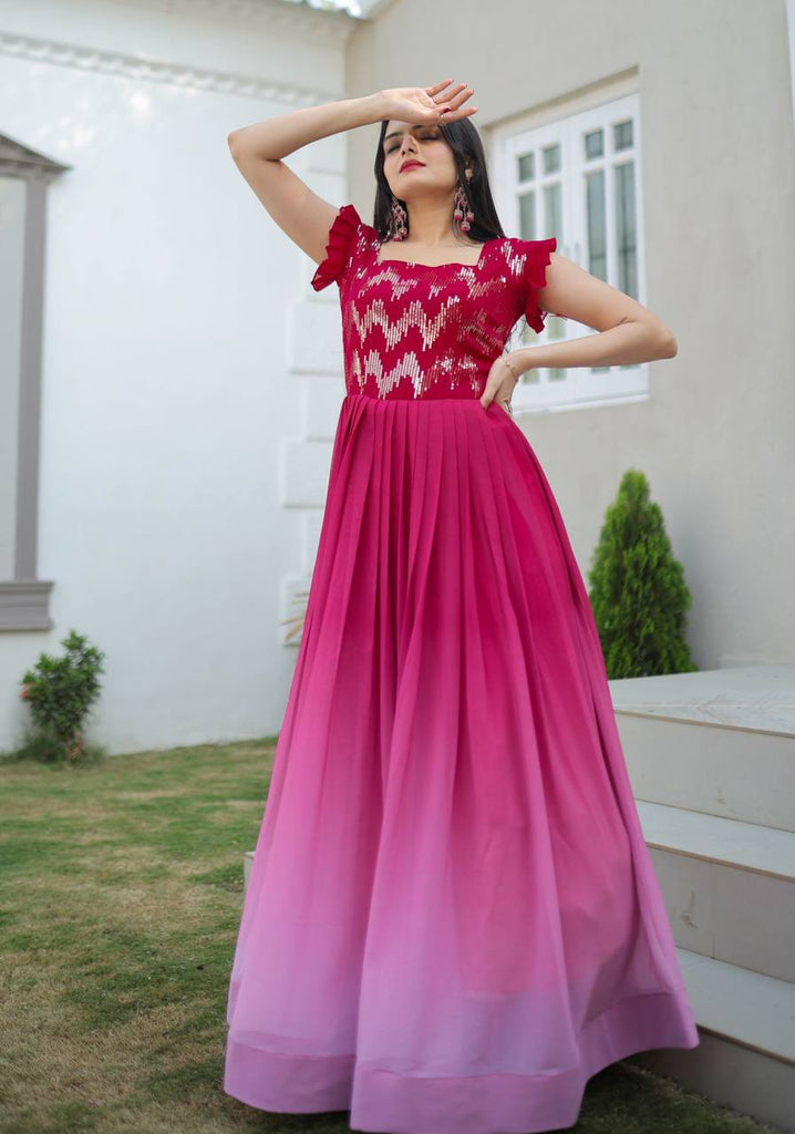 Digital Print Pink Color Sequence Work Gown - Clothsvilla
