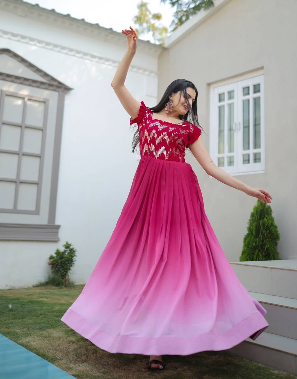 Digital Print Pink Color Sequence Work Gown