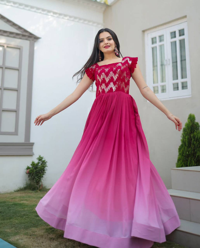 Digital Print Pink Color Sequence Work Gown