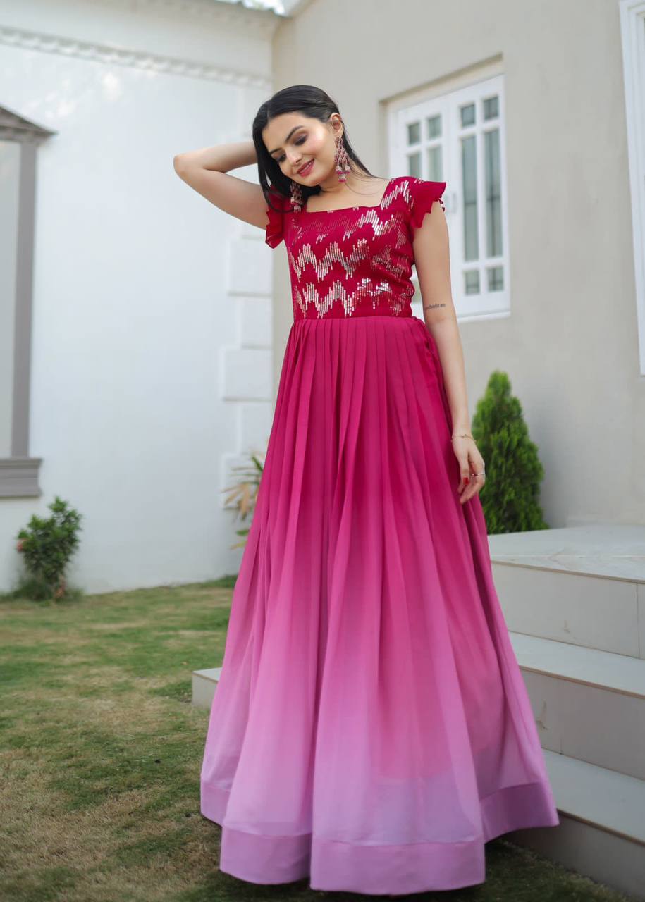 Digital Print Pink Color Sequence Work Gown Main image