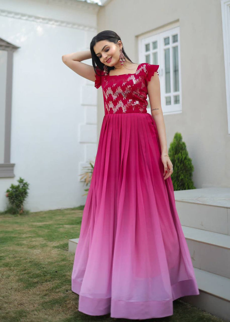 Digital Print Pink Color Sequence Work Gown
