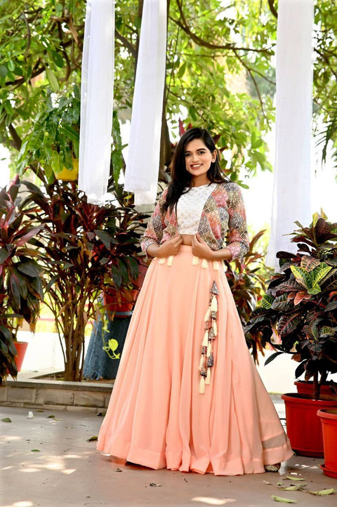 Attractive Peach Color Lehenga Choli With Koti Main image