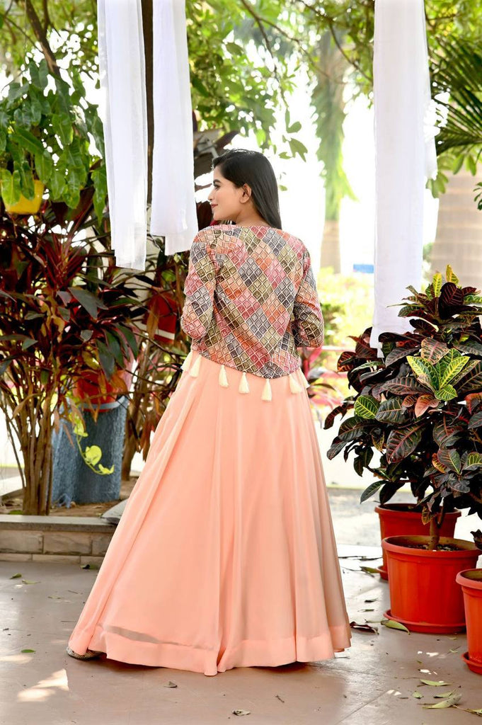 Attractive Peach Color Lehenga Choli With Koti