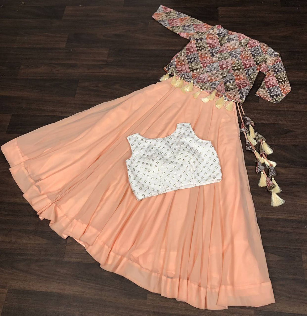 Attractive Peach Color Lehenga Choli With Koti