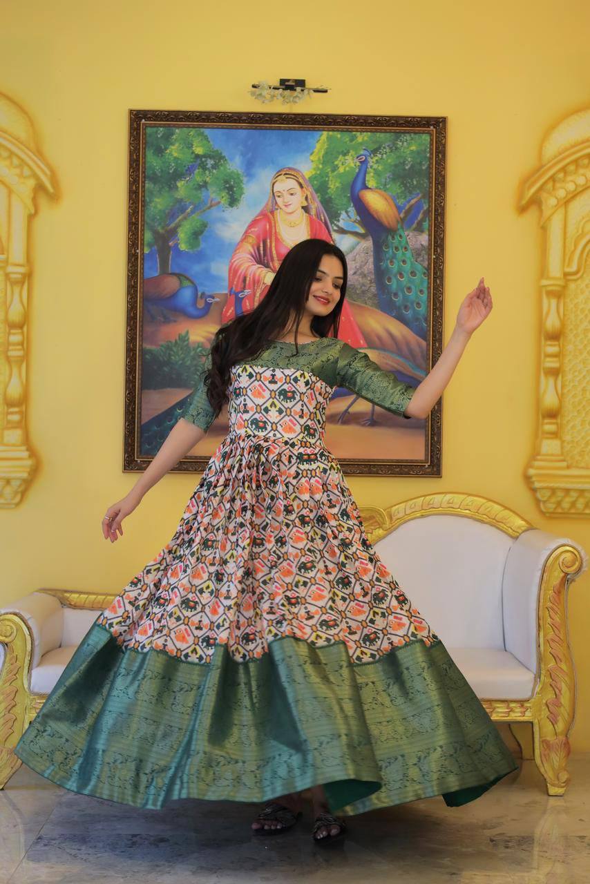 Festive Wear Printed Green Color Gown Main image