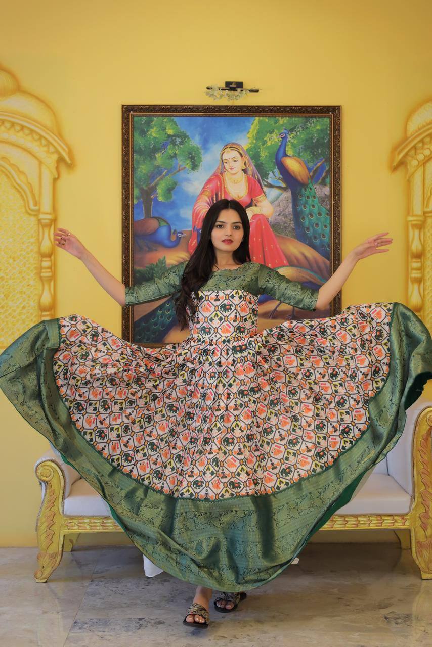 Festive Wear Printed Green Color Gown