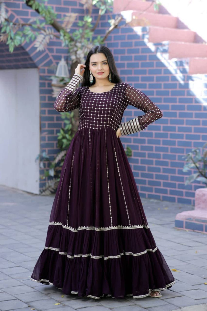 Parallel Line Design Wine Color Latest Gown