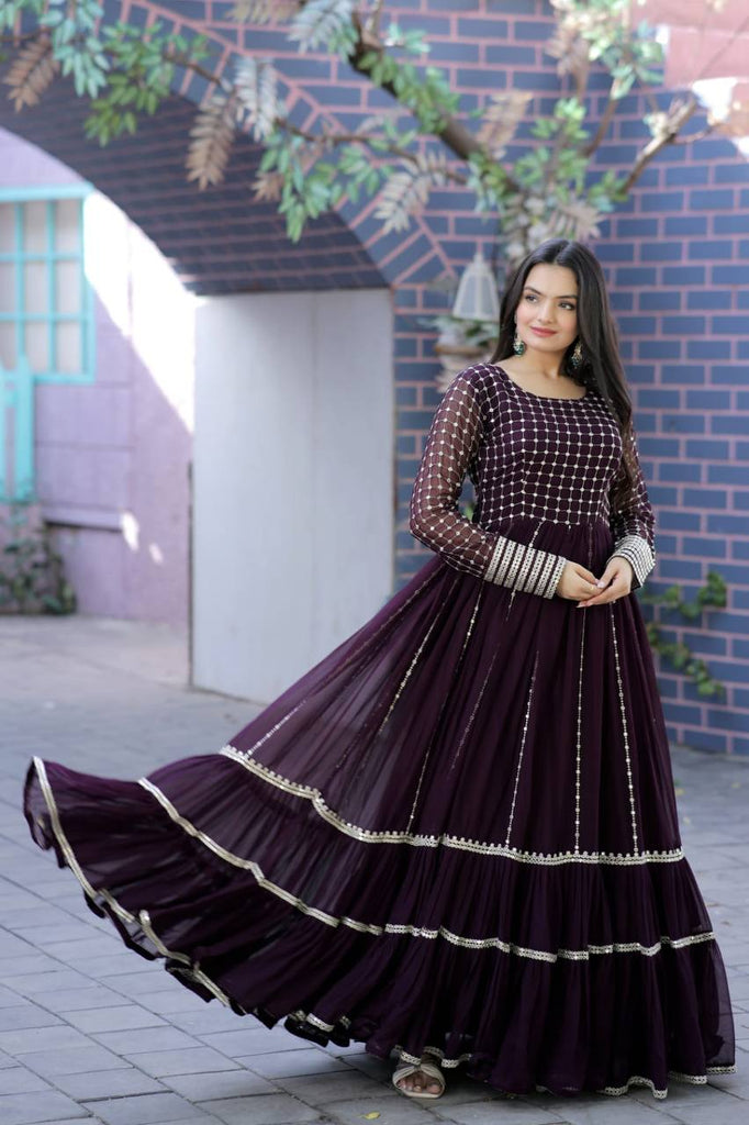 Parallel Line Design Wine Color Latest Gown