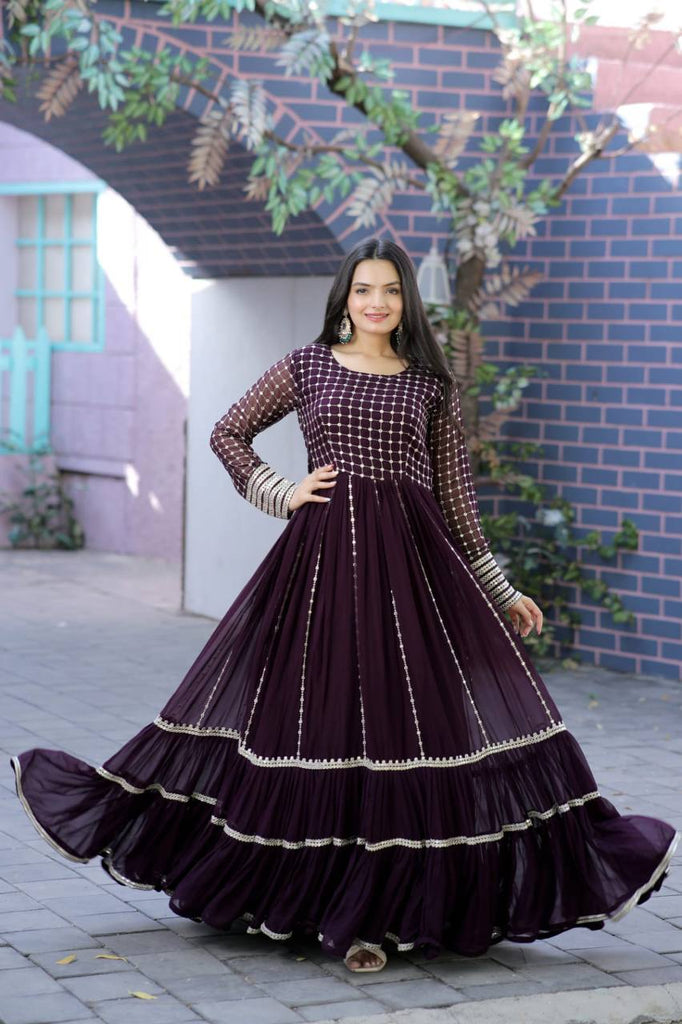 Parallel Line Design Wine Color Latest Gown