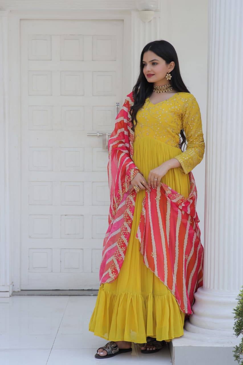 Occasion Wear Yellow Color Embroidered Work Gown Main image