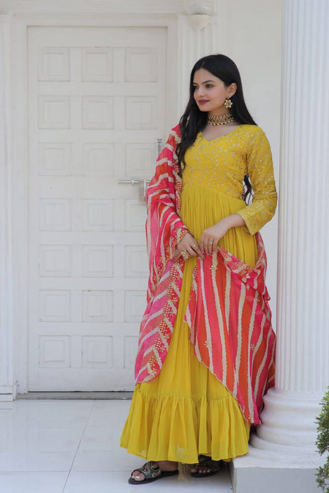 Occasion Wear Yellow Color Embroidered Work Gown Main image