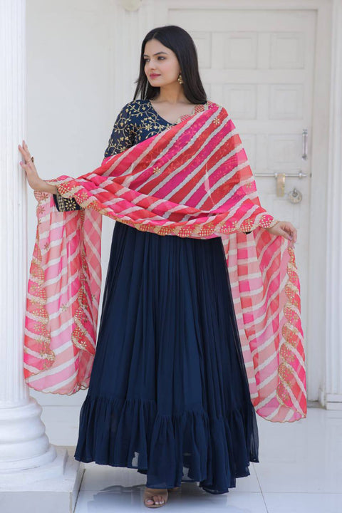 Occasion Wear Navy Blue Color Embroidered Work Gown Main image
