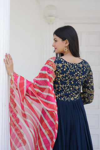 Occasion Wear Navy Blue Color Embroidered Work Gown