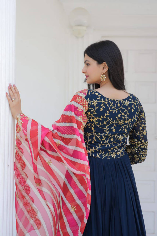 Occasion Wear Navy Blue Color Embroidered Work Gown