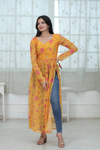 Casual Wear Digital Print Yellow Color Kurti Clothsvilla