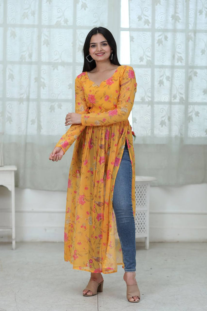 Yellow pure rayon cotton embroidery 2 piece kurti set – Threads