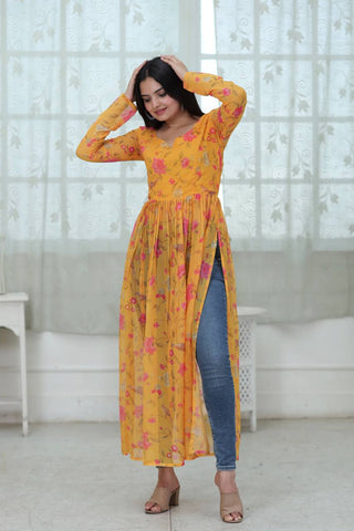 Casual Wear Digital Print Yellow Color Kurti Clothsvilla