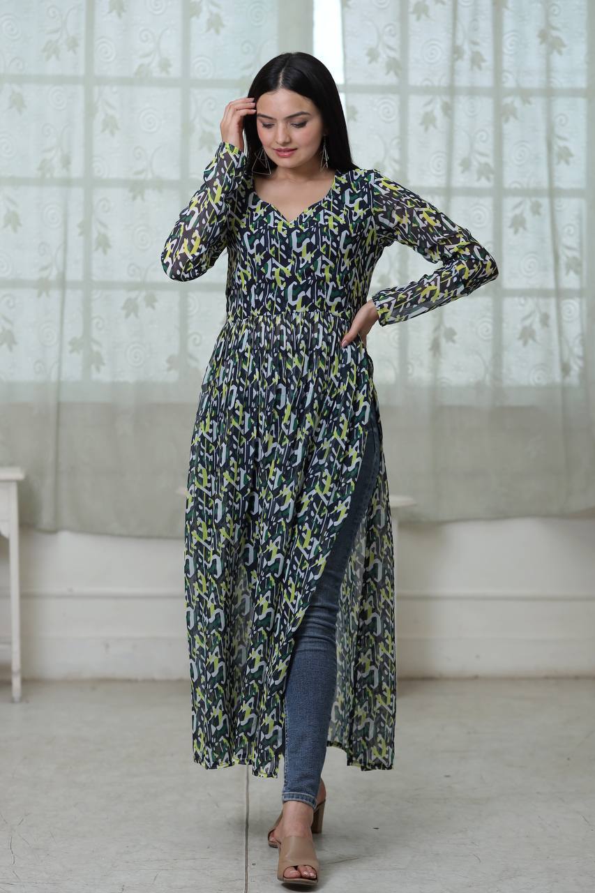 Casual Wear Digital Print Green Color Kurti Clothsvilla