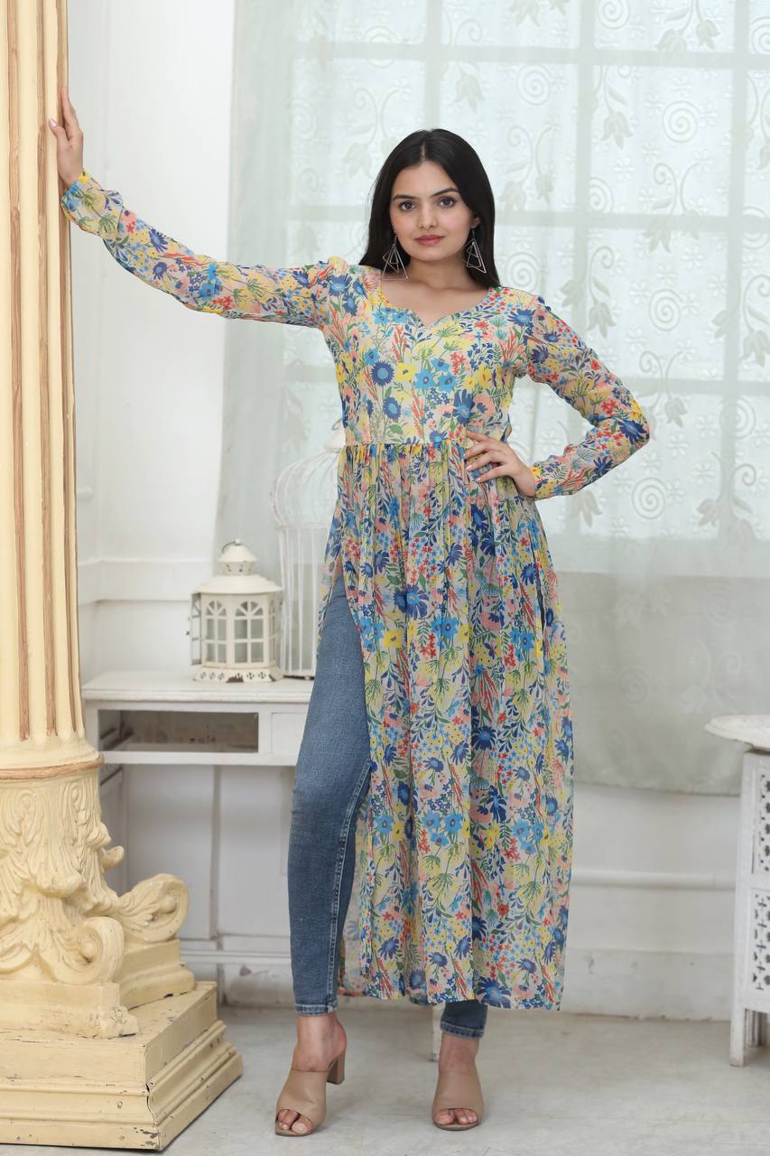 Casual Wear Digital Print White Color Kurti Clothsvilla