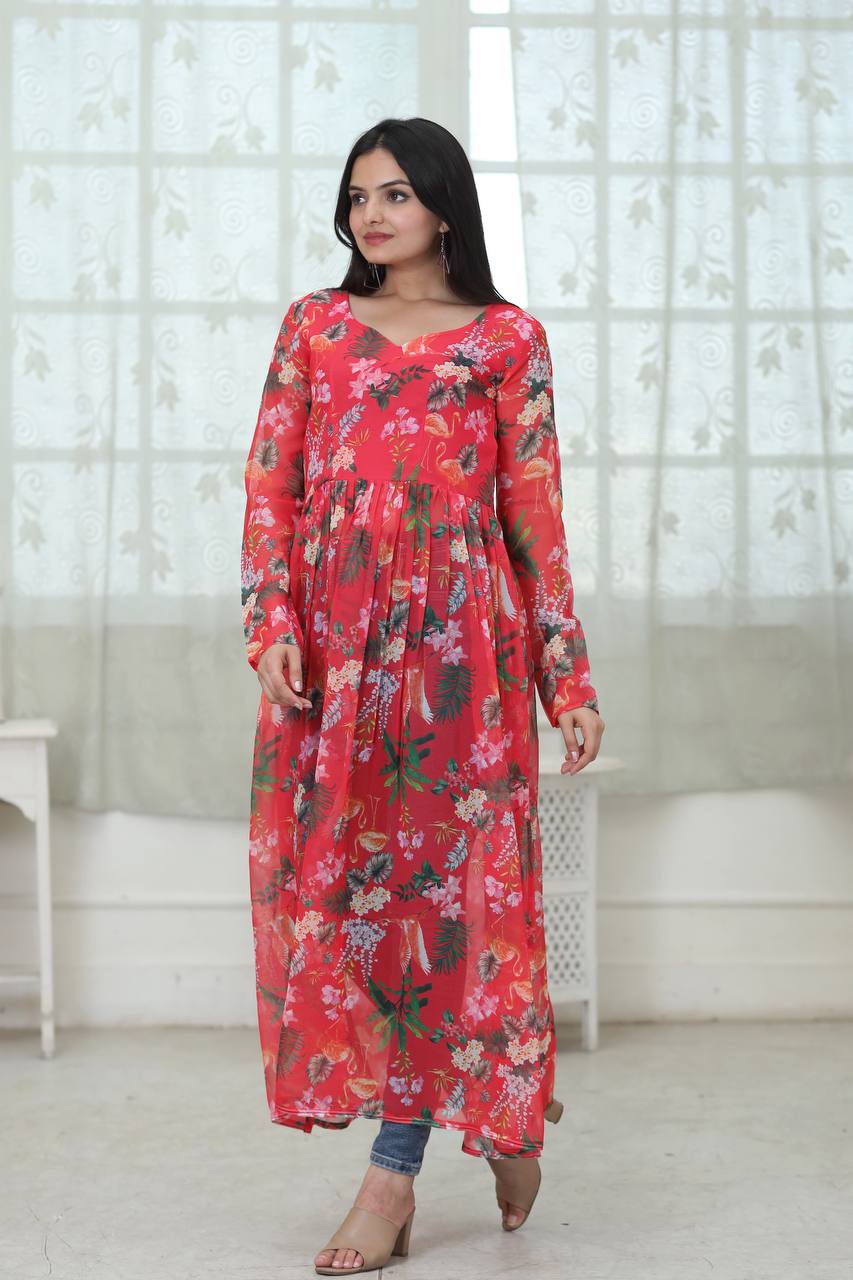 Casual Wear Digital Print Red Color Kurti Clothsvilla