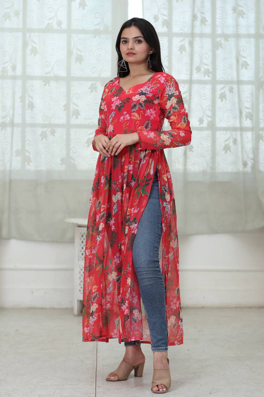 Casual Wear Digital Print Red Color Kurti Clothsvilla