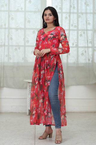 Casual Wear Digital Print Red Color Kurti Clothsvilla