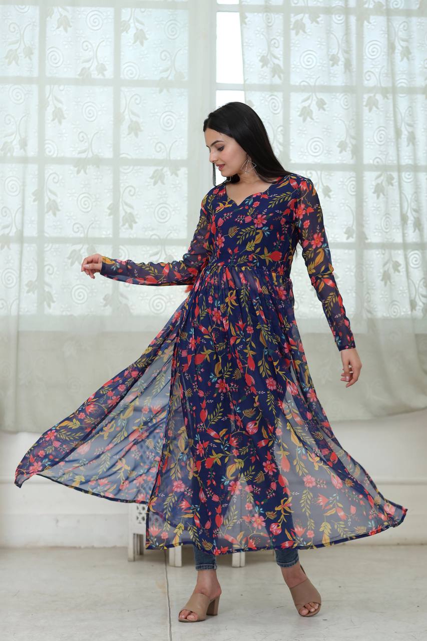 Casual Wear Digital Print Navy Blue Color Kurti Clothsvilla