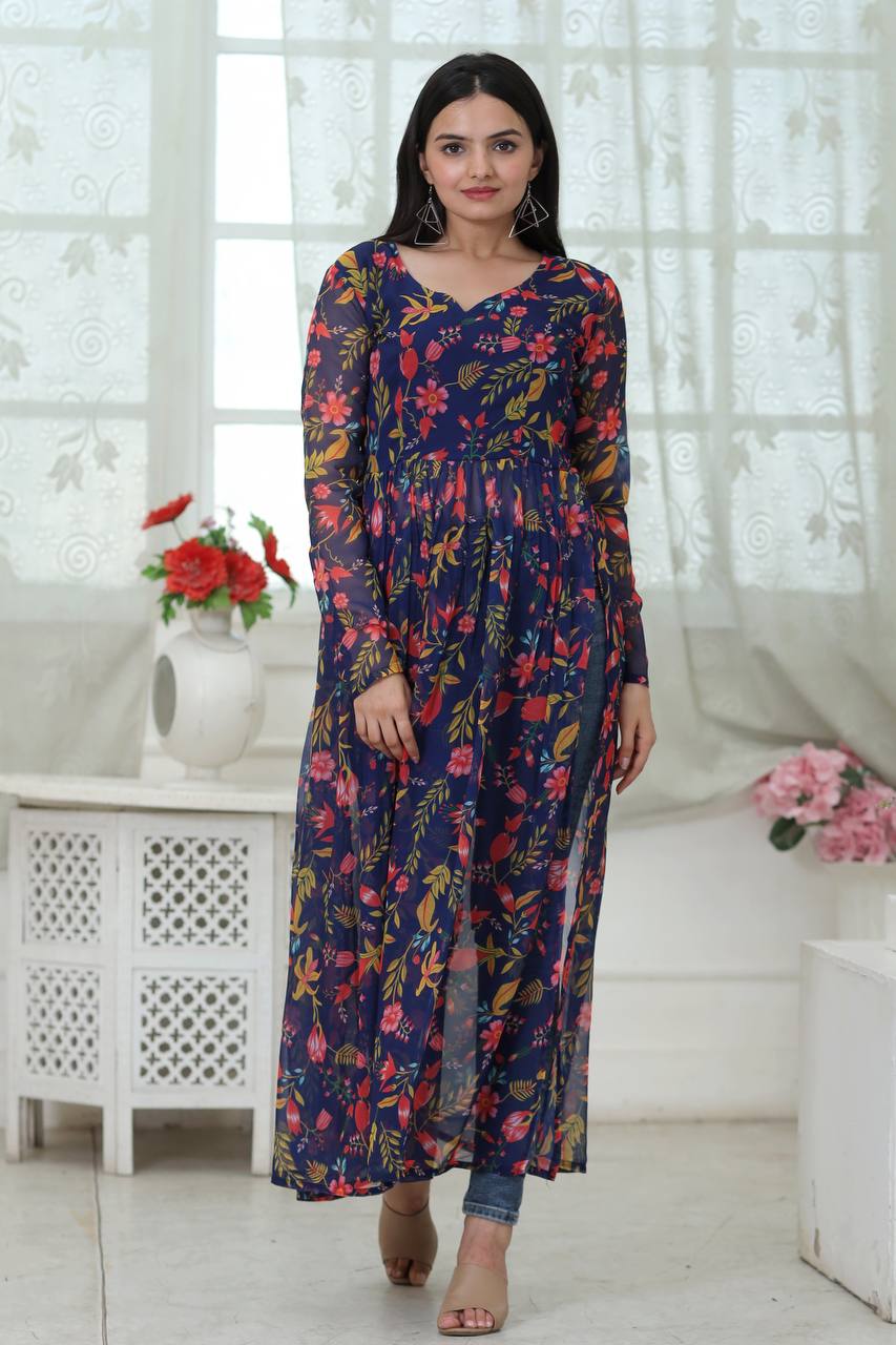 Casual Wear Digital Print Navy Blue Color Kurti Clothsvilla