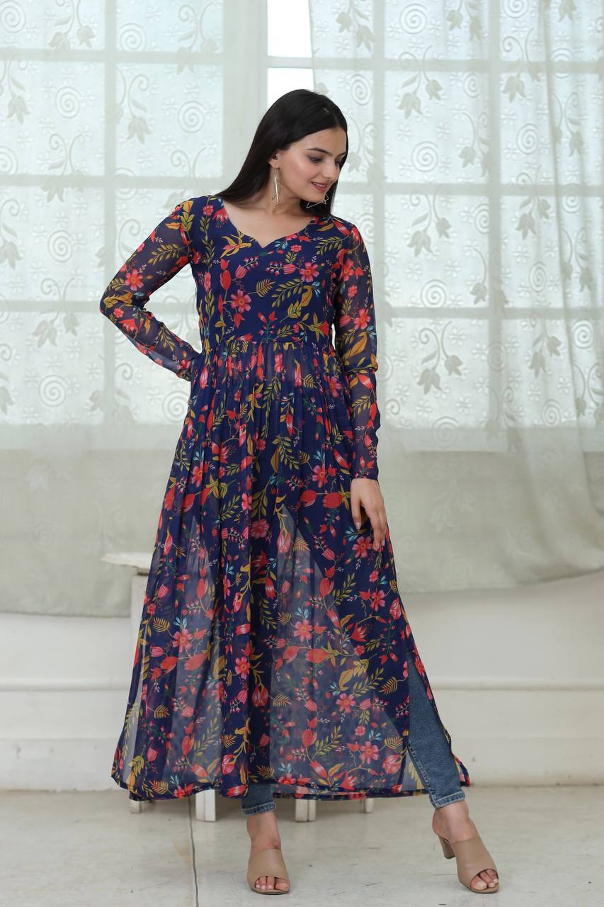 Casual Wear Digital Print Navy Blue Color Kurti Clothsvilla